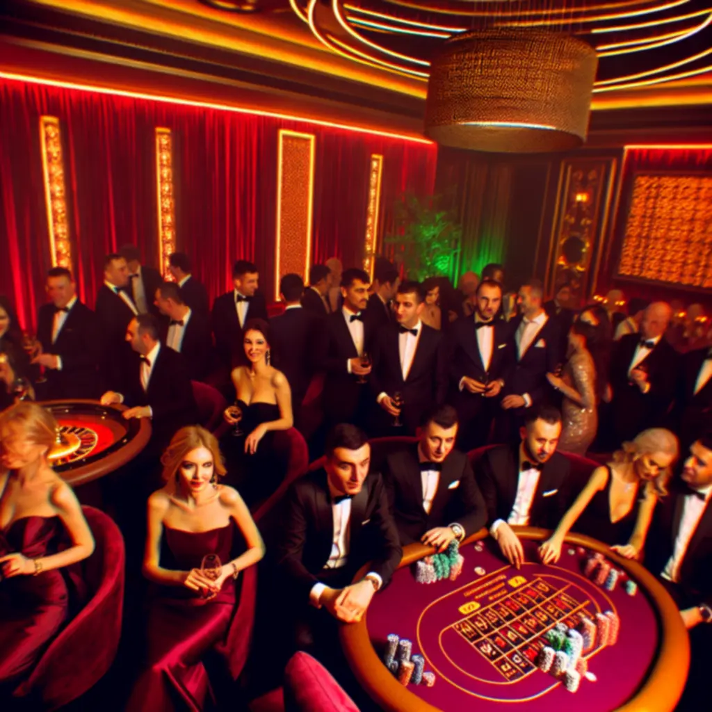 Eleganckie wydarzenie w stylu kasyna z gośćmi przy stołach pokerowych i ruletce