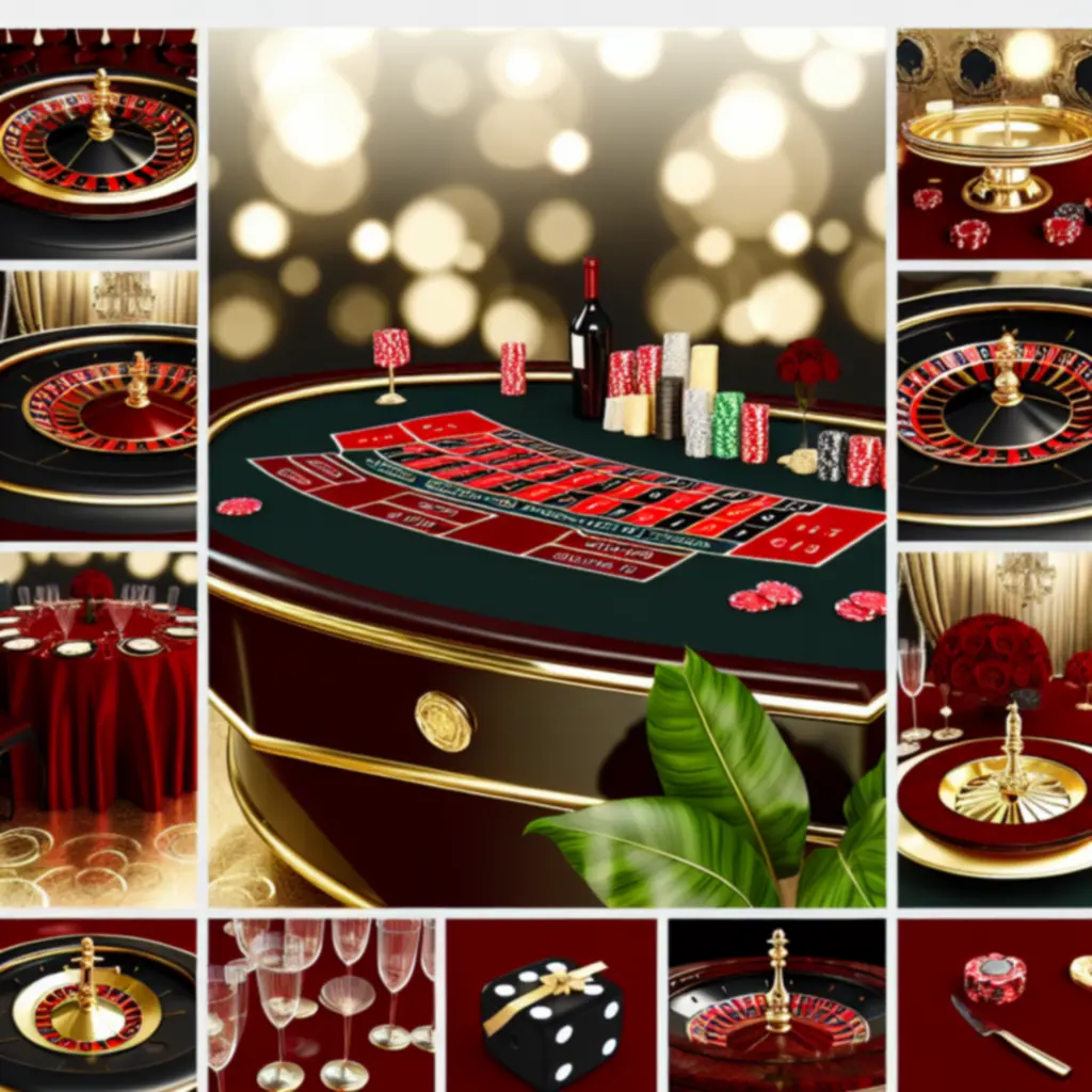Detale luksusowej dekoracji stołów kasynowych w czerwieni i złocie